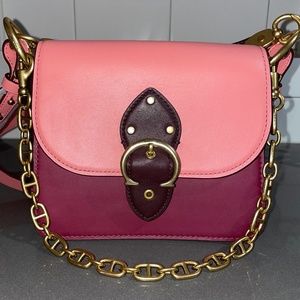 COACH | RED/PINK COLOR BLOCK GENUINE LEATHER TOP HANDLE CROSSBODY